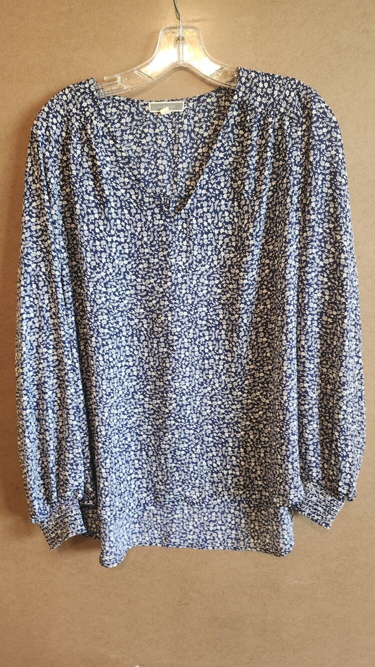 PLEIONE Blouse Womens XL Blue White Ditsy Floral V-Neck Flowy Top Casual Wt64